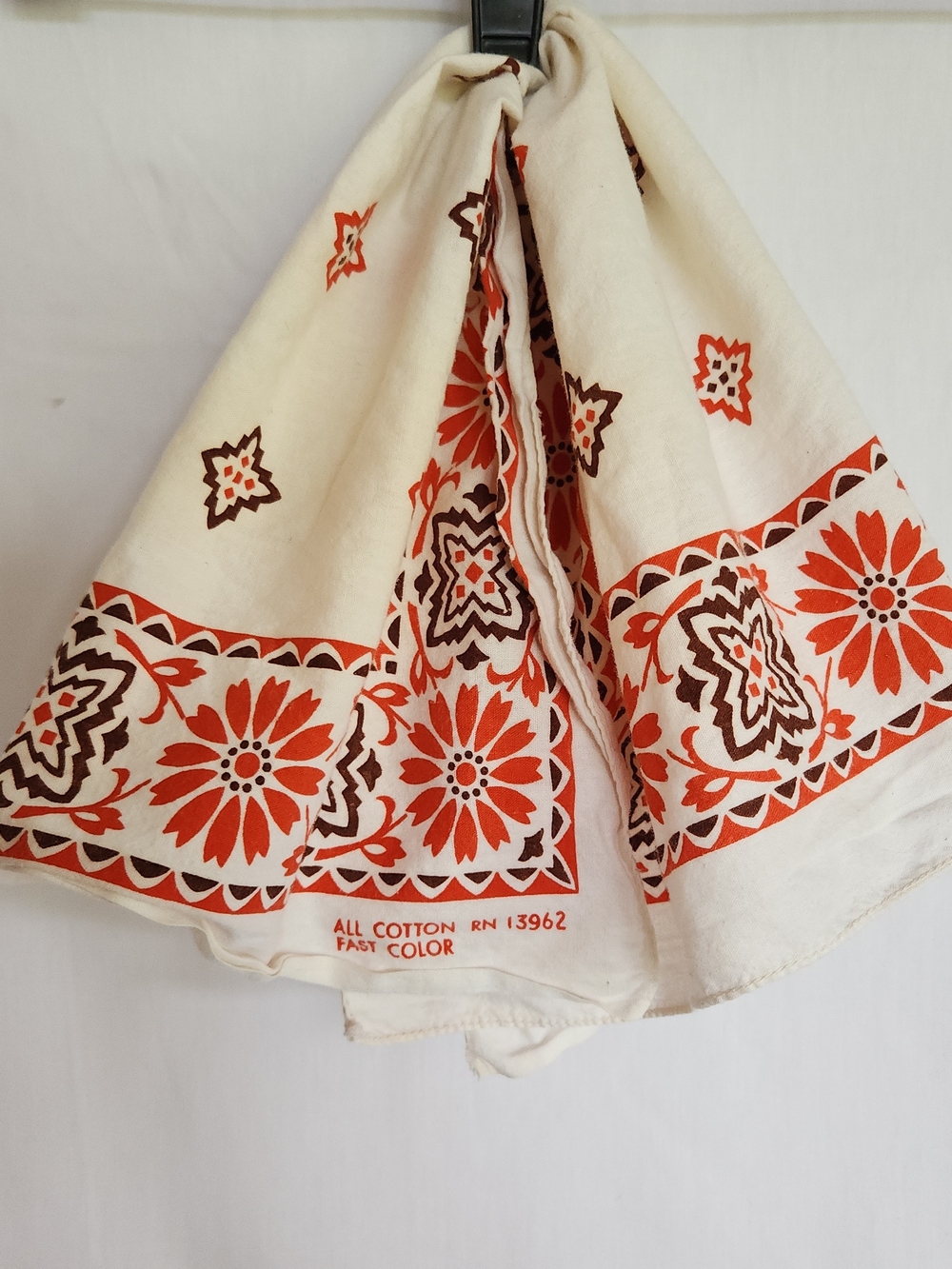 Vintage 100% Cotton Bandana Cream with Orange and Brown Floral Border Accesory